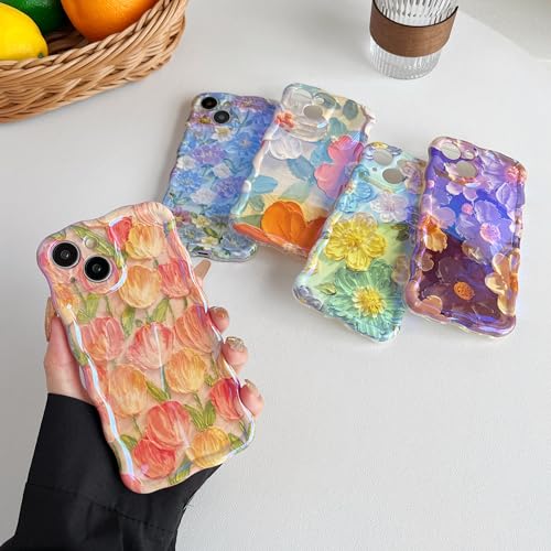 iPhone 15 Retro Flower Case - Oil Painting Design (Orange)
